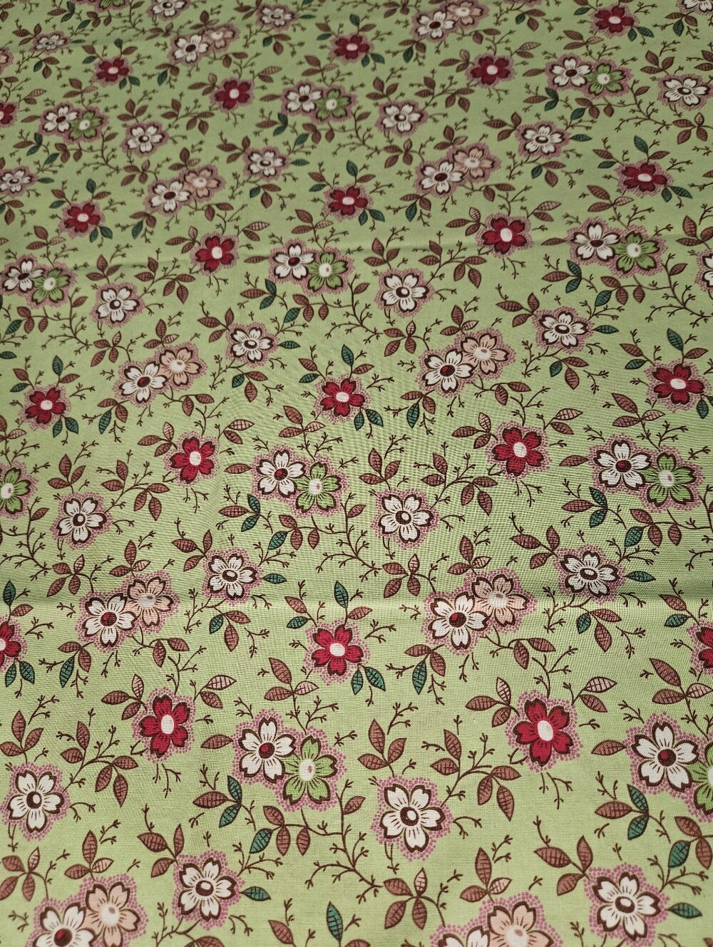 Green Floral Cotton Fabric - Pink & Red Blossoms. Sold By The Yard